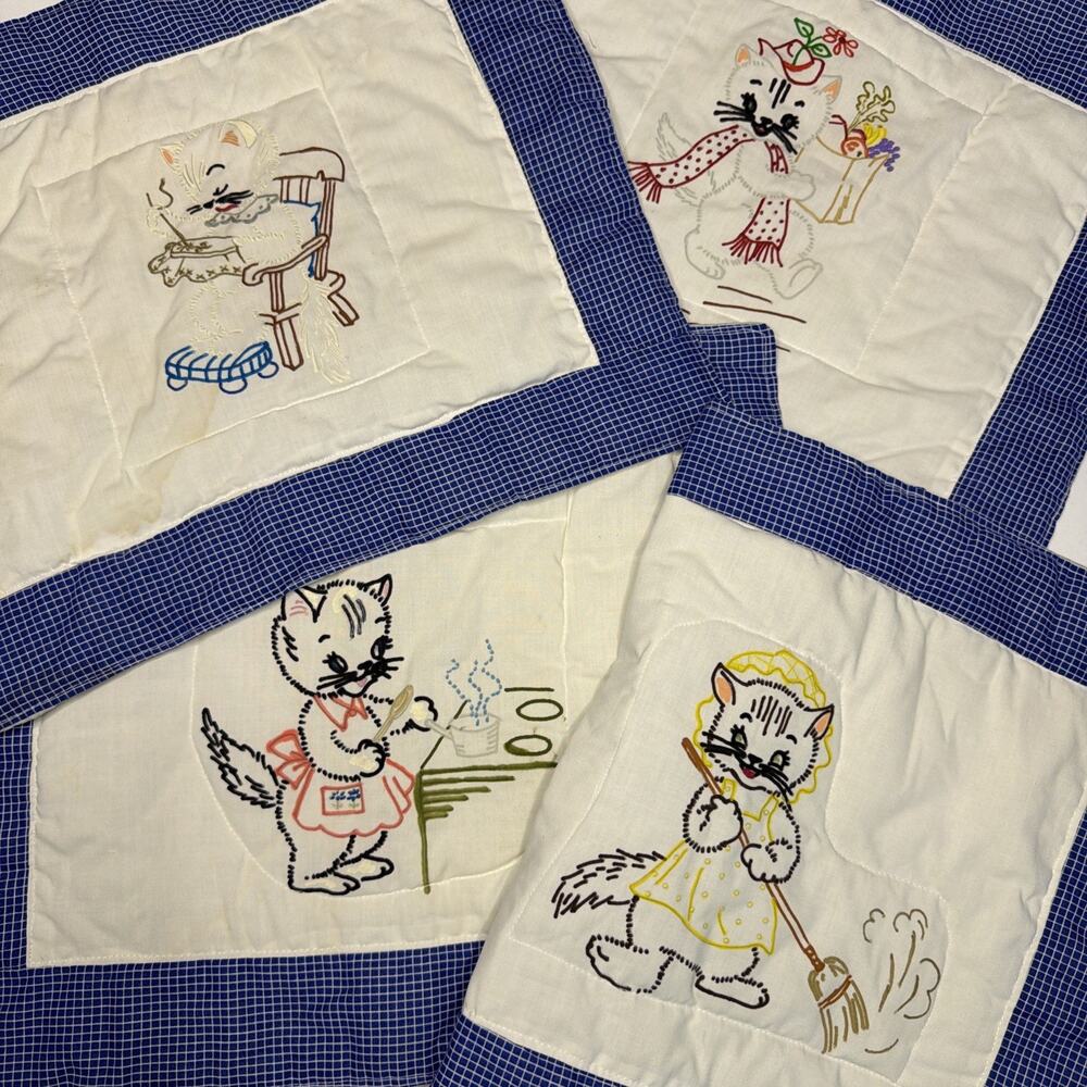 4 Quilt Squares Mana Cat Kitten Painted Unfinished Vintage 14” X 12”